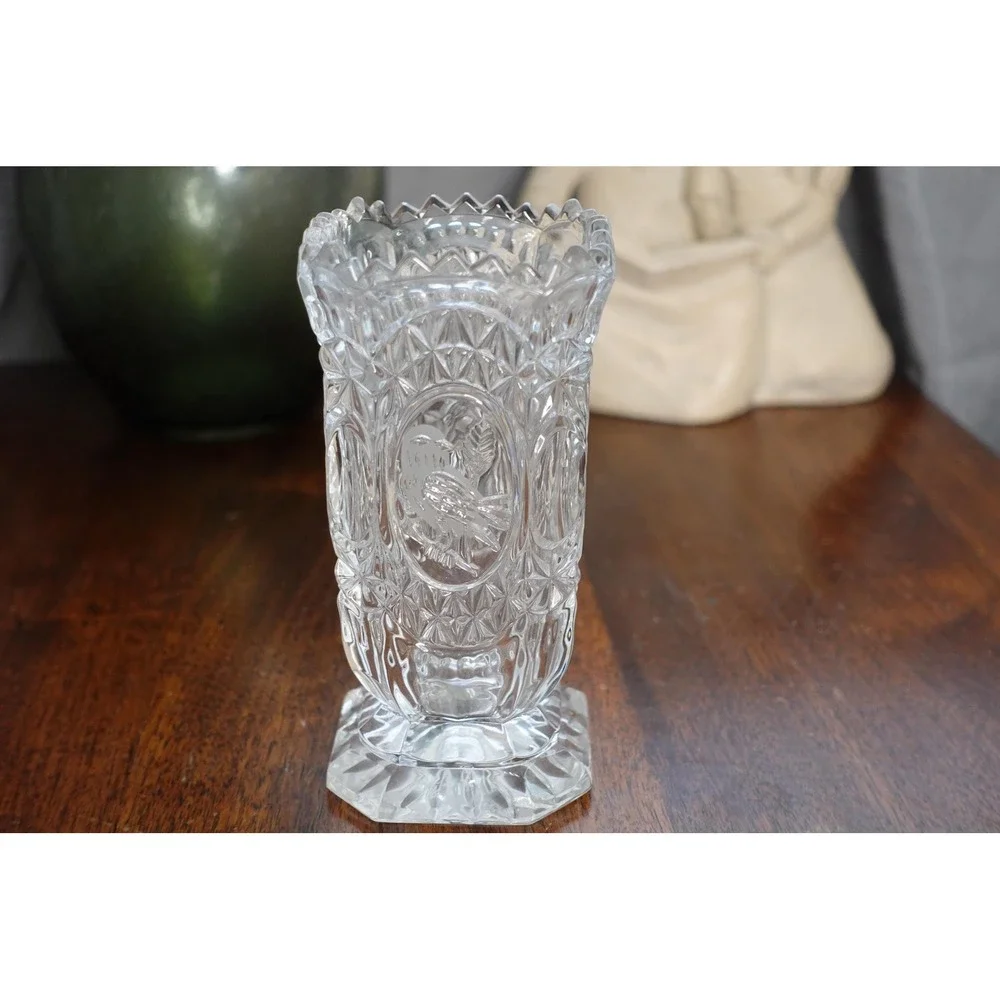 Vintage Hofbauer Byrdes Germany lead crystal vase sawtooth edges and etched bird